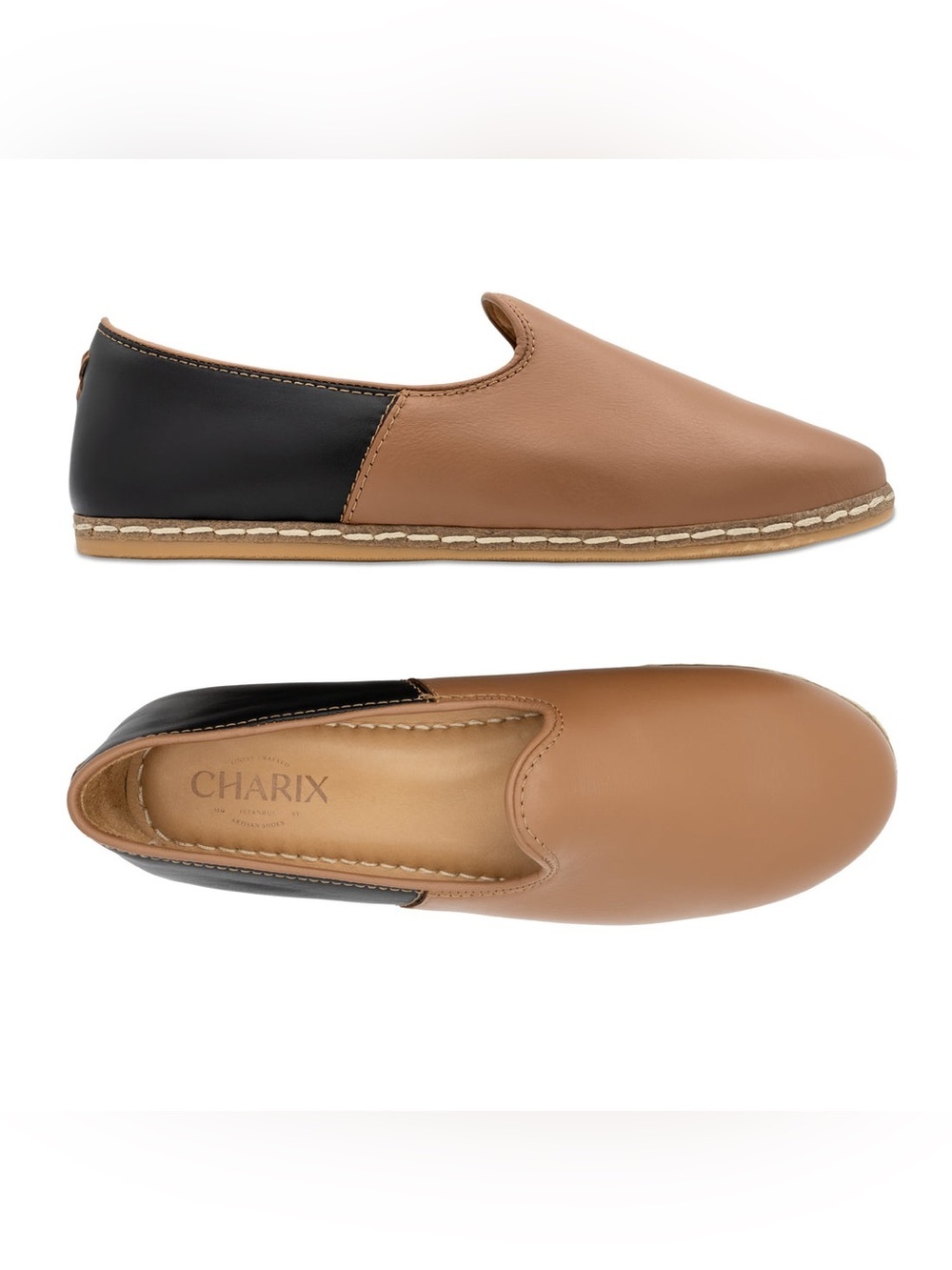 Charix Camel Black Slip-on handmade shoes | 38 New
